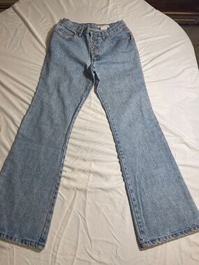 VTG Y2K Photo Jeans Wide Leg Exposed Button Fly Side Stripe Women's Size 7
